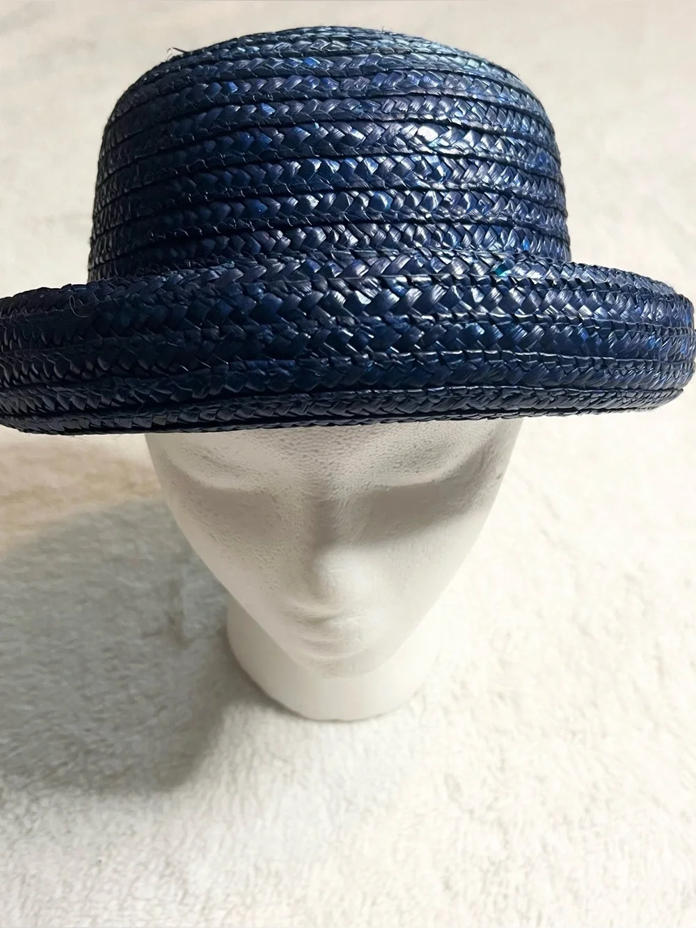 Vintage Navy Blue Braided Straw Rolled Brim Bowler Hat